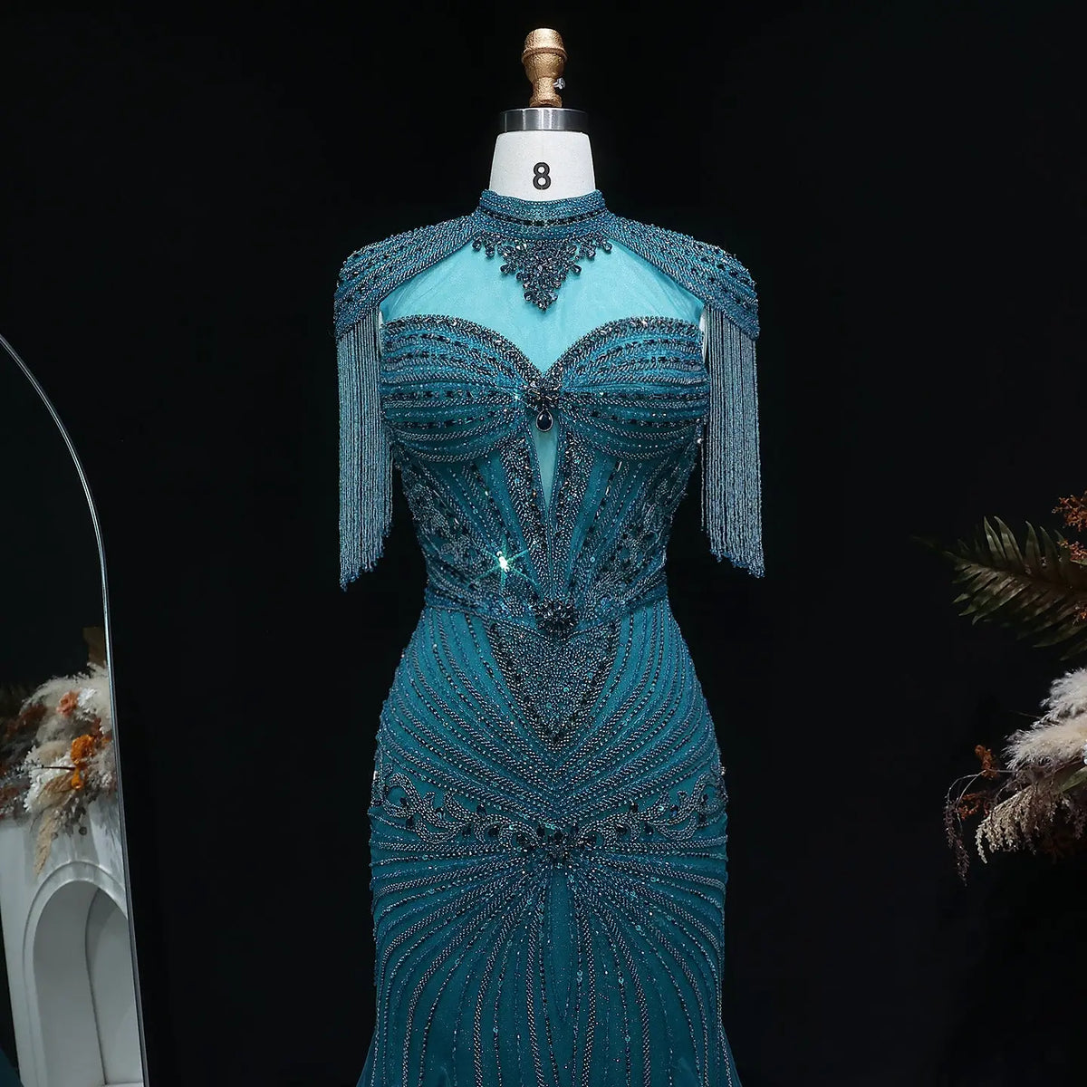 Luxury Blue Beaded Evening Dress with Shoulder Tassels SS190 