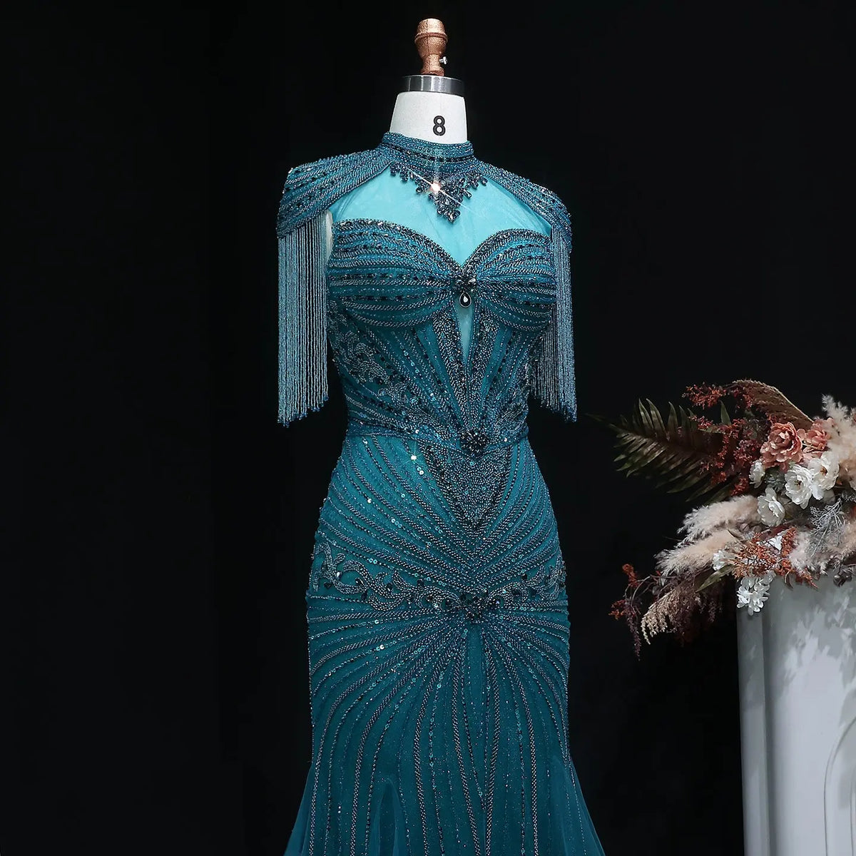 Luxury Blue Beaded Evening Dress with Shoulder Tassels SS190 