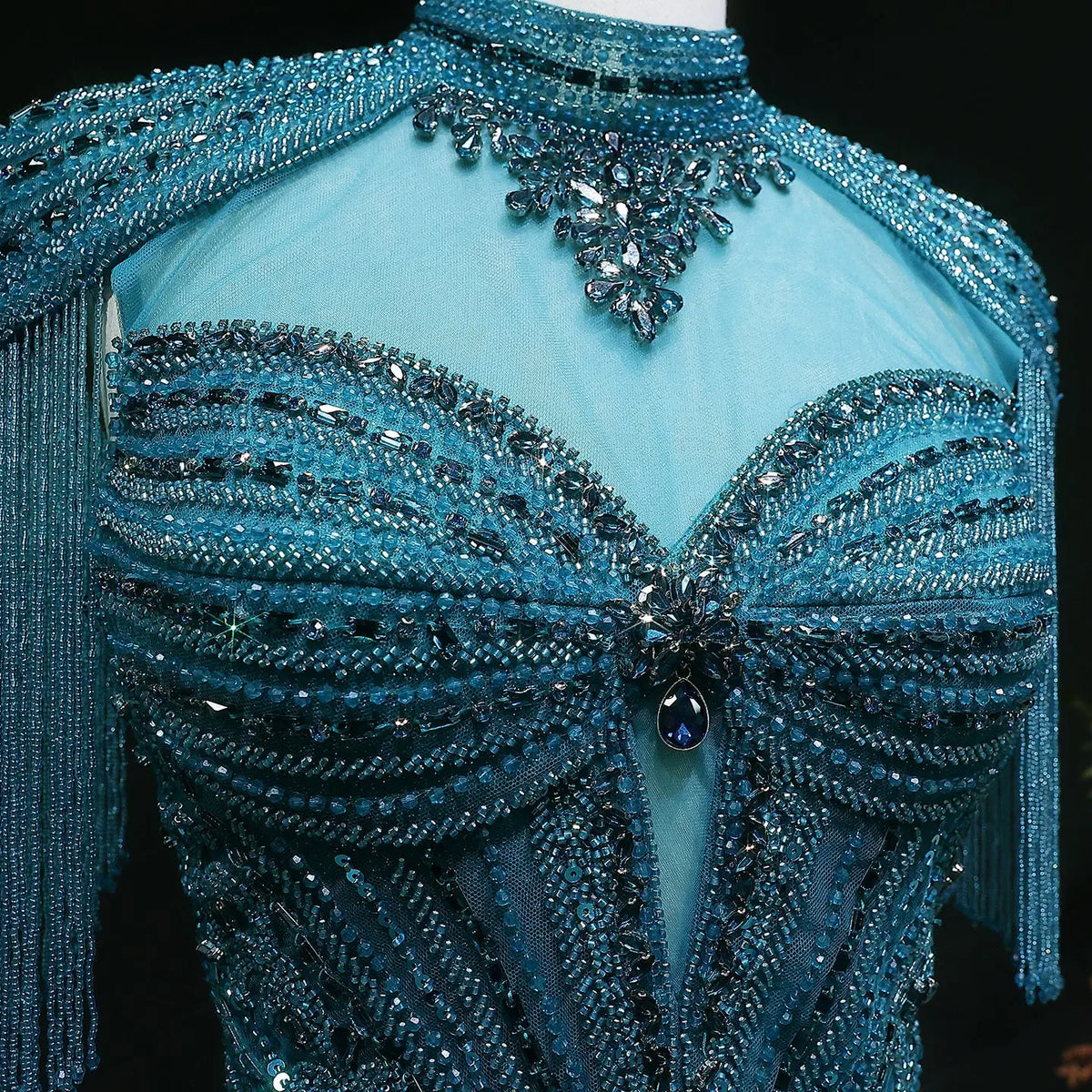 Luxury Blue Beaded Evening Dress with Shoulder Tassels SS190 