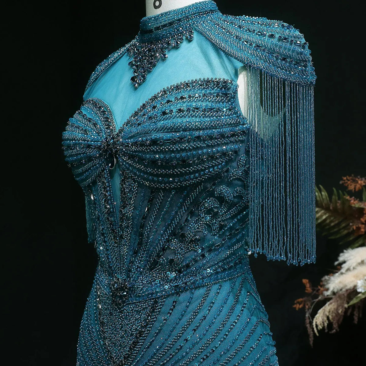 Luxury Blue Beaded Evening Dress with Shoulder Tassels SS190 