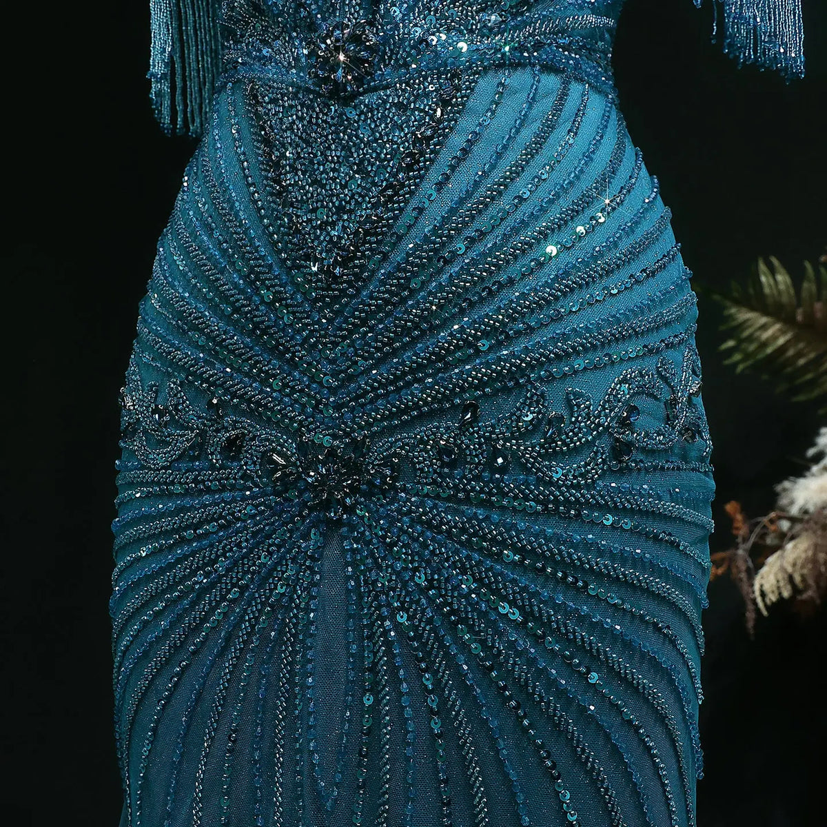 Luxury Blue Beaded Evening Dress with Shoulder Tassels SS190 