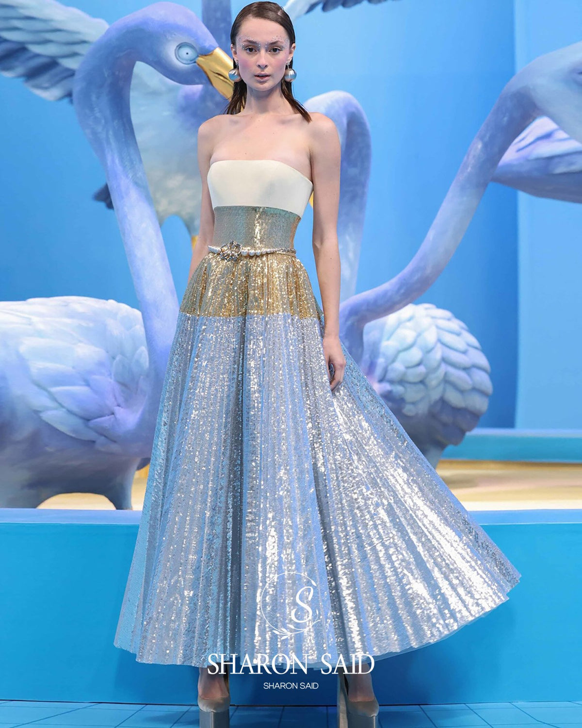 Luxury Silver Gradient Sequin Strapless Evening Dress SS200 