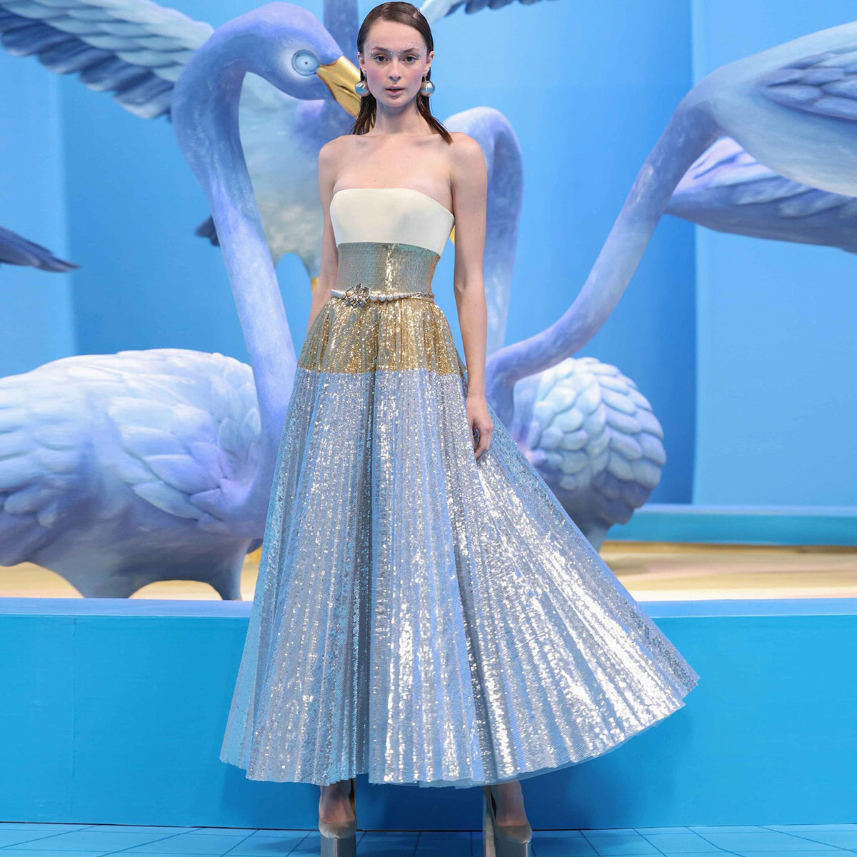 Luxury Silver Gradient Sequin Strapless Evening Dress SS200 