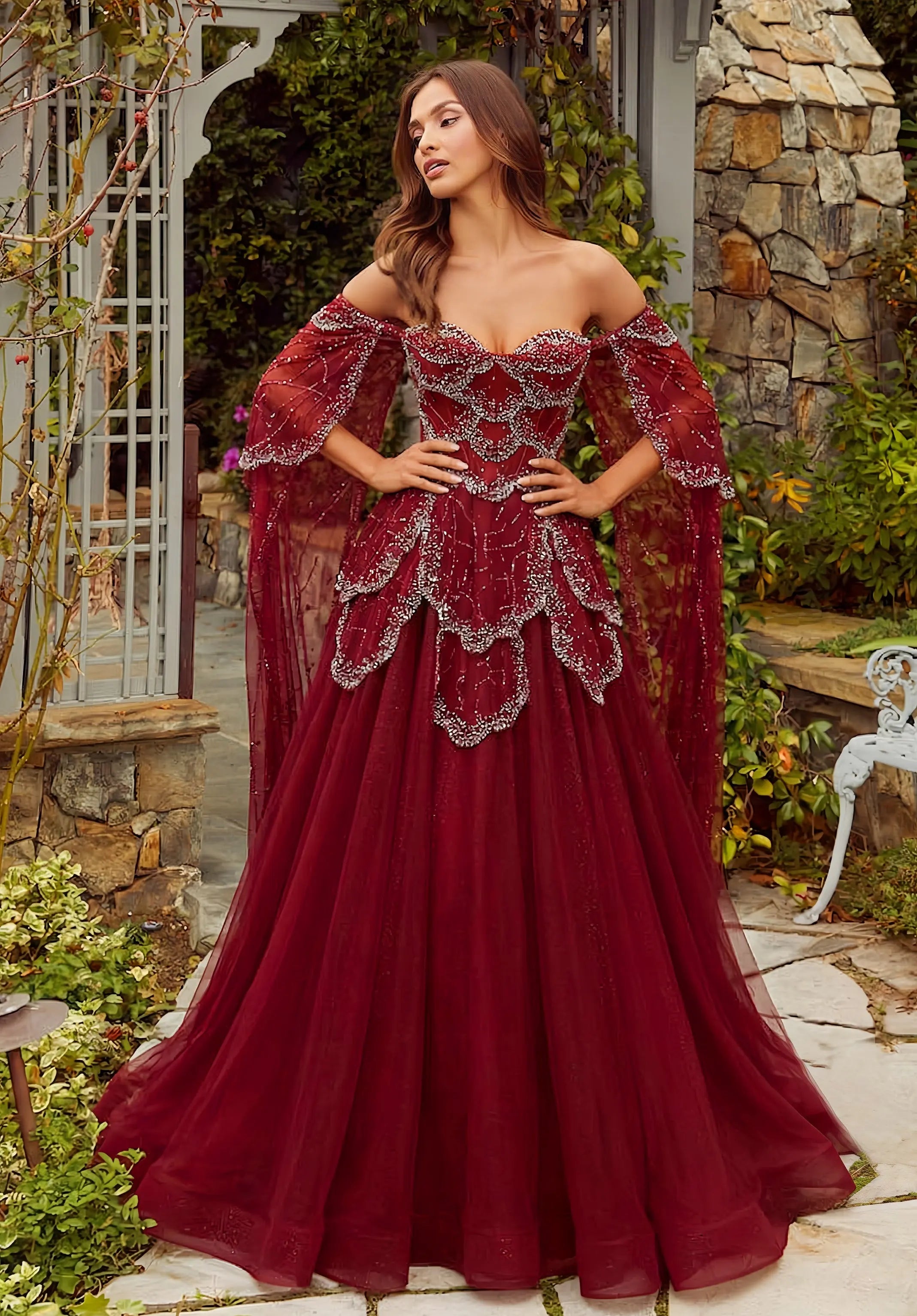 maroon prom dress Elegant Off Shoulder Burgundy Prom Dress with Cape Sleeves SS215