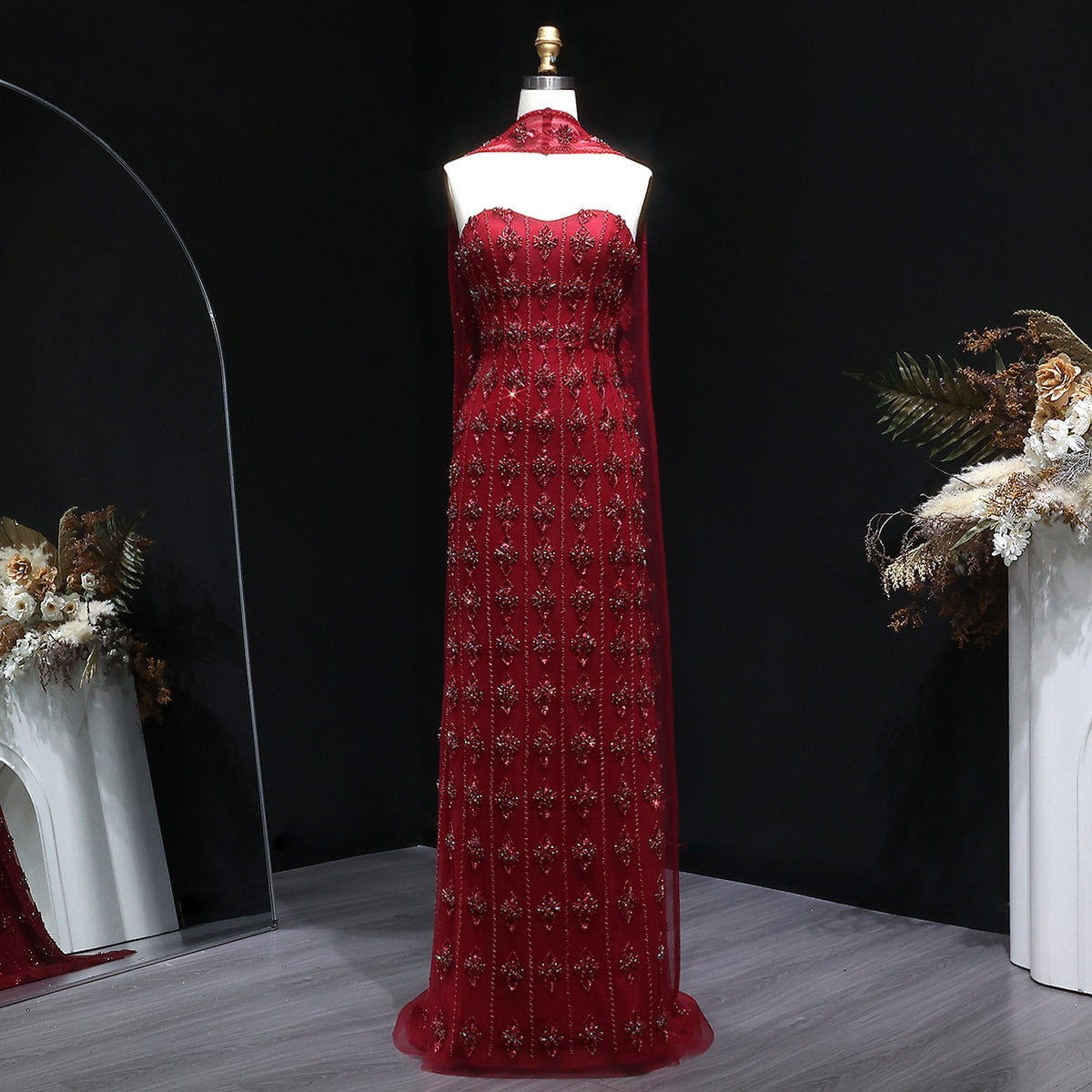 Luxury Beaded Nude Strapless Evening Dress with Scarf SS229 