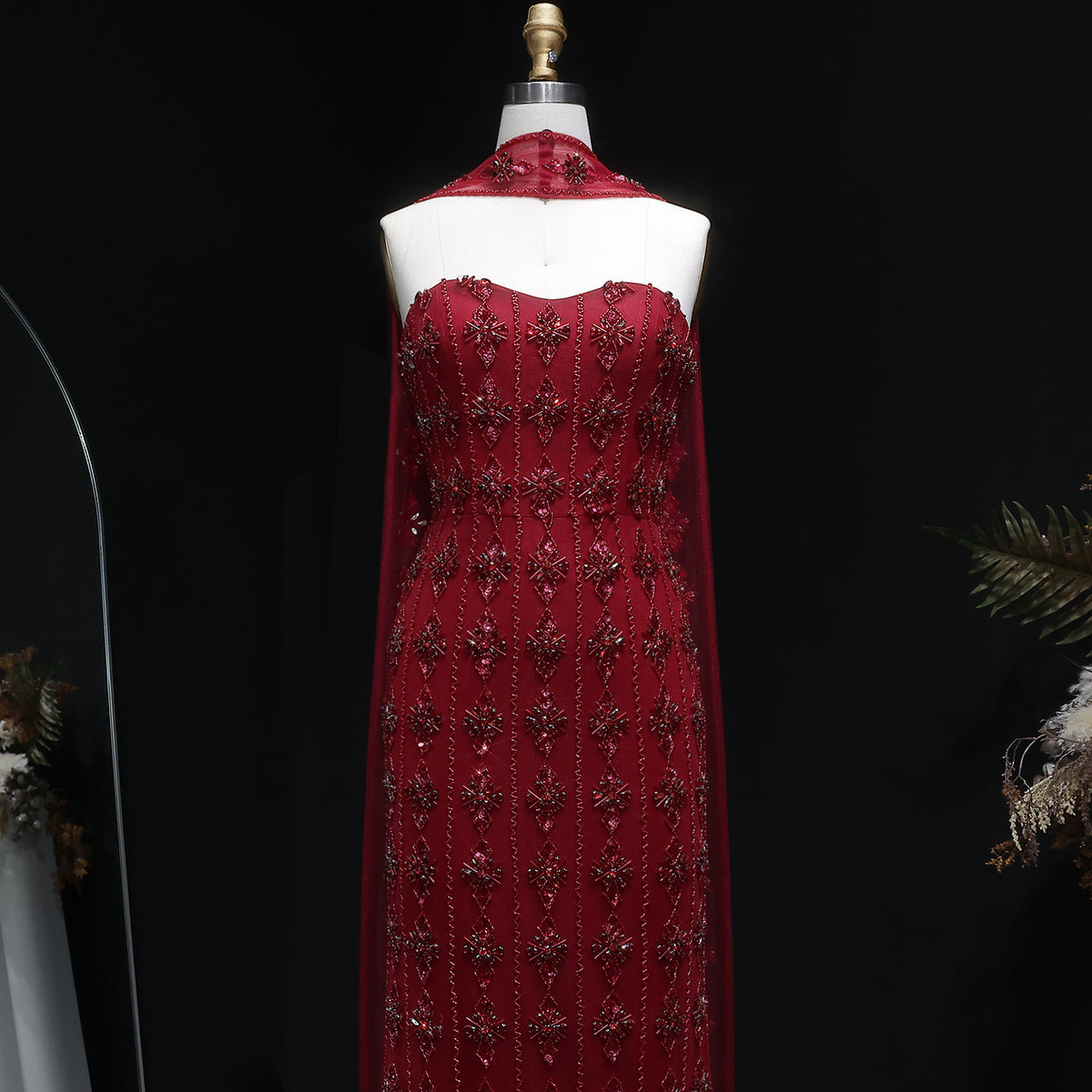 Luxury Beaded Nude Strapless Evening Dress with Scarf SS229 