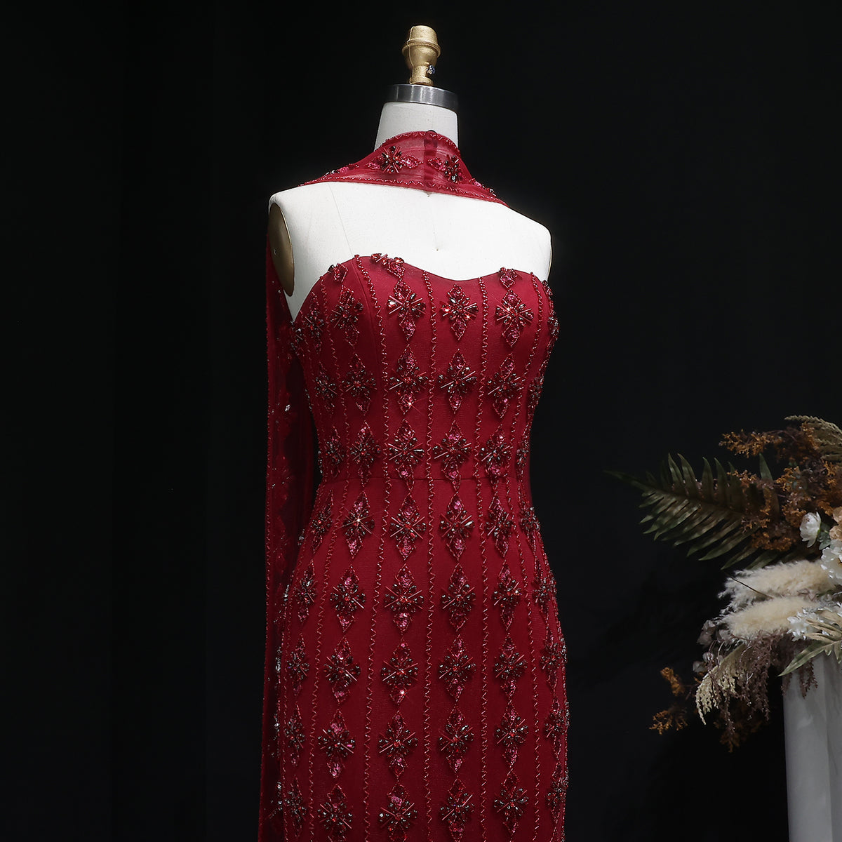 Luxury Beaded Nude Strapless Evening Dress with Scarf SS229 