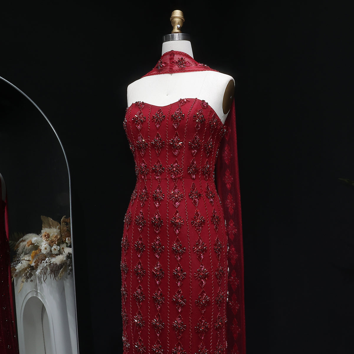 Luxury Beaded Nude Strapless Evening Dress with Scarf SS229 