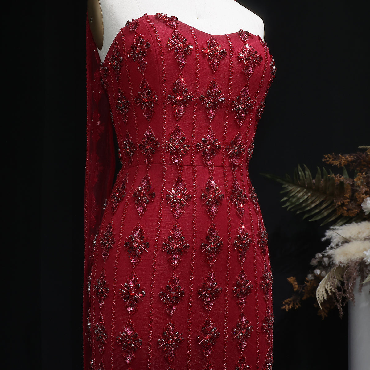 Luxury Beaded Nude Strapless Evening Dress with Scarf SS229 