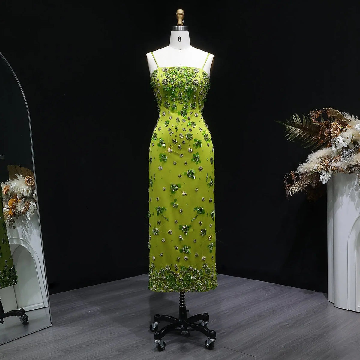Luxury 3D Floral Beaded Short Green Spaghetti Evening Dress SS233 