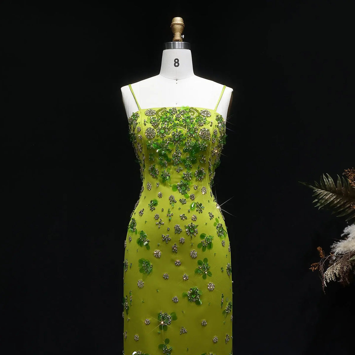 Luxury 3D Floral Beaded Short Green Spaghetti Evening Dress SS233 