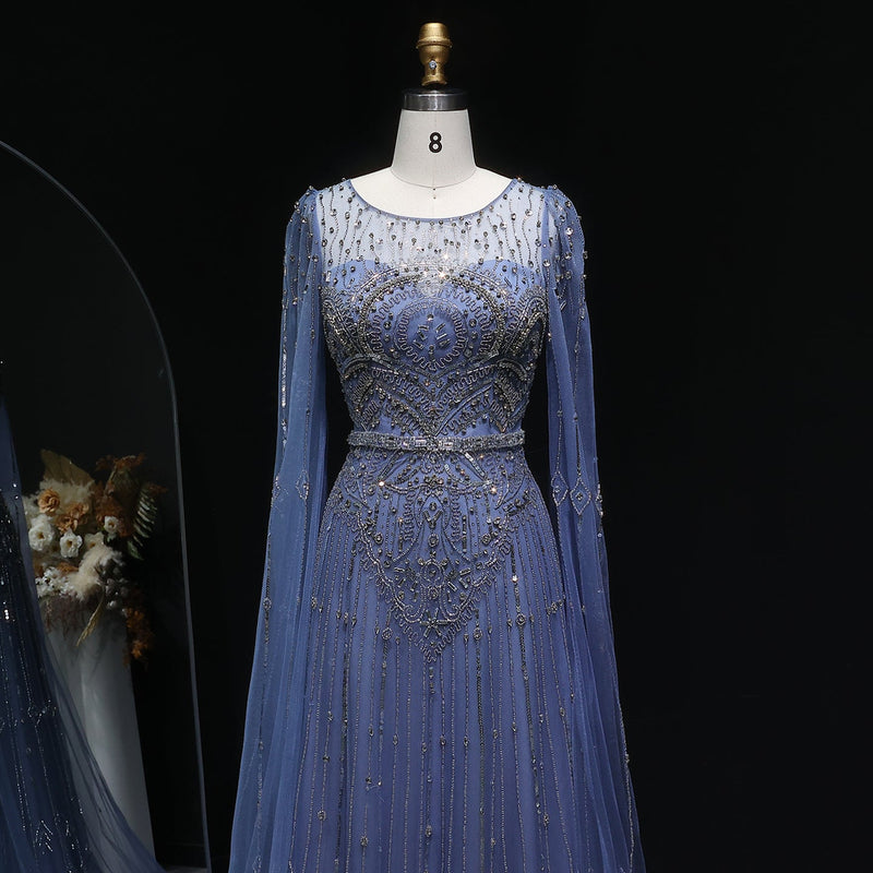 Luxury Blue Beaded Evening Dress with Cape Sleeves SS236