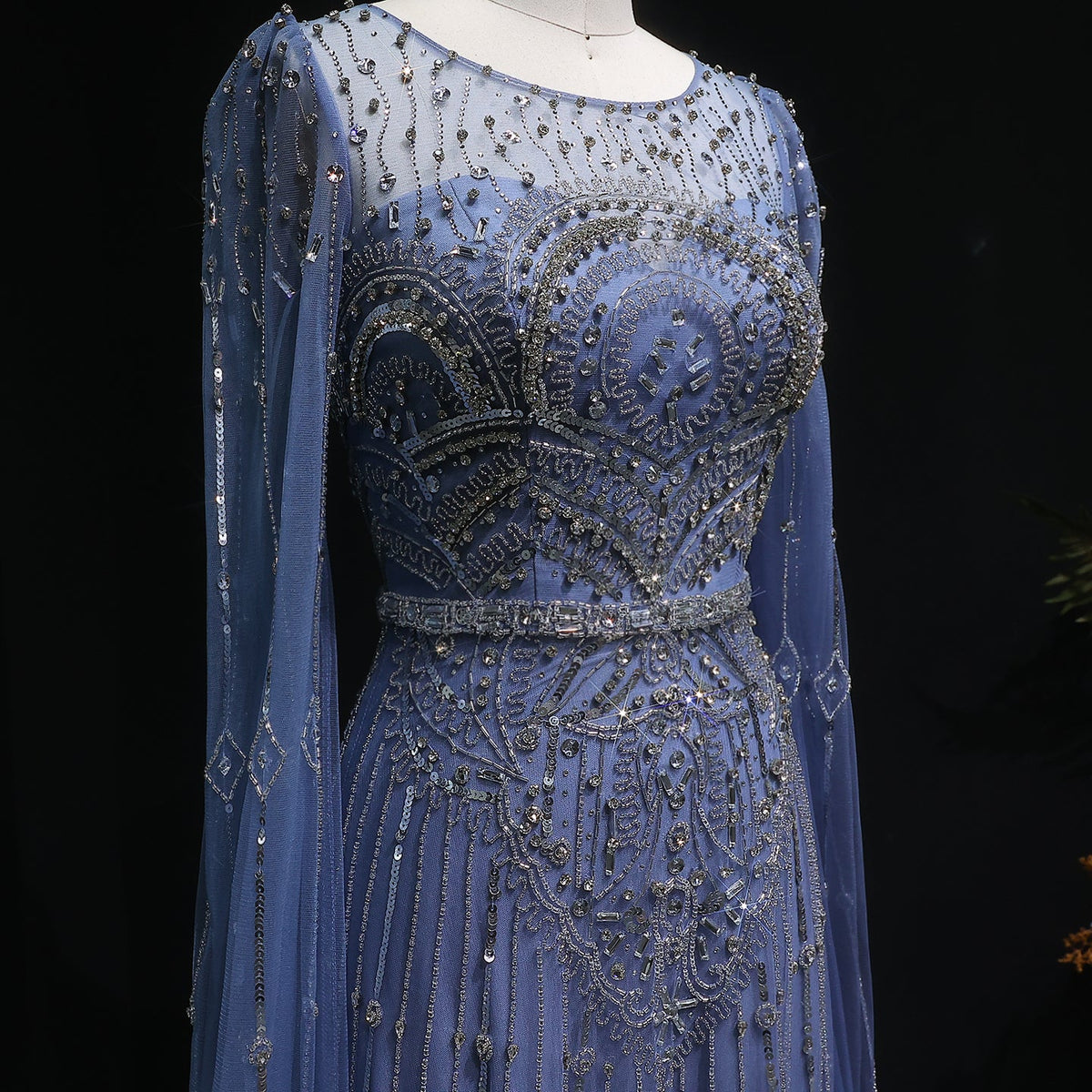 Luxury Blue Beaded Evening Dress with Cape Sleeves SS236
