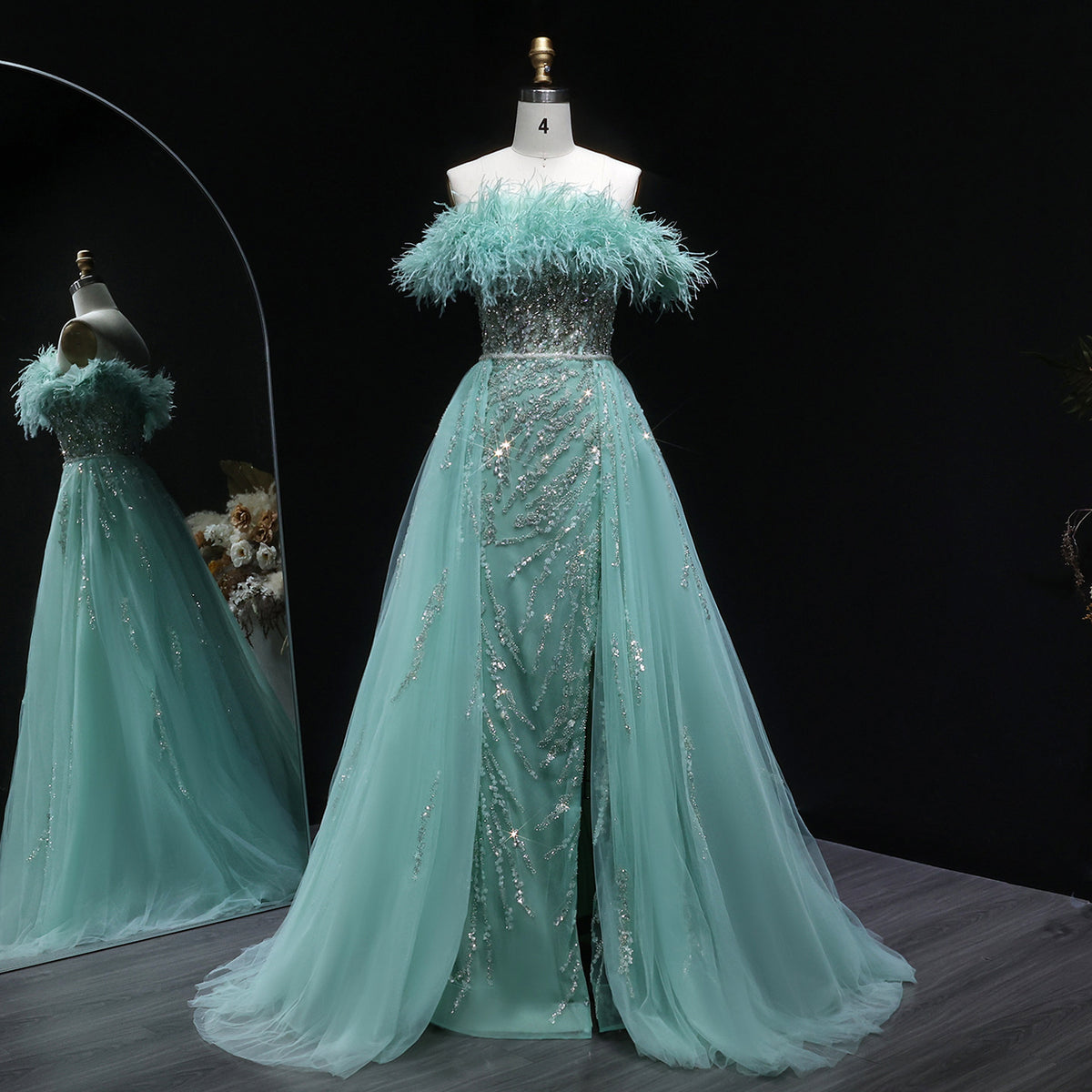 Luxury Feathers Lilac Evening Dress with Overskirt SS252 