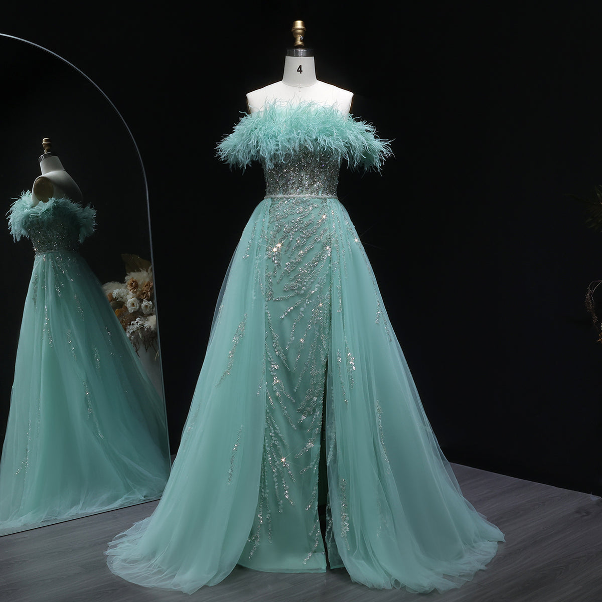 Luxury Feathers Lilac Evening Dress with Overskirt SS252 