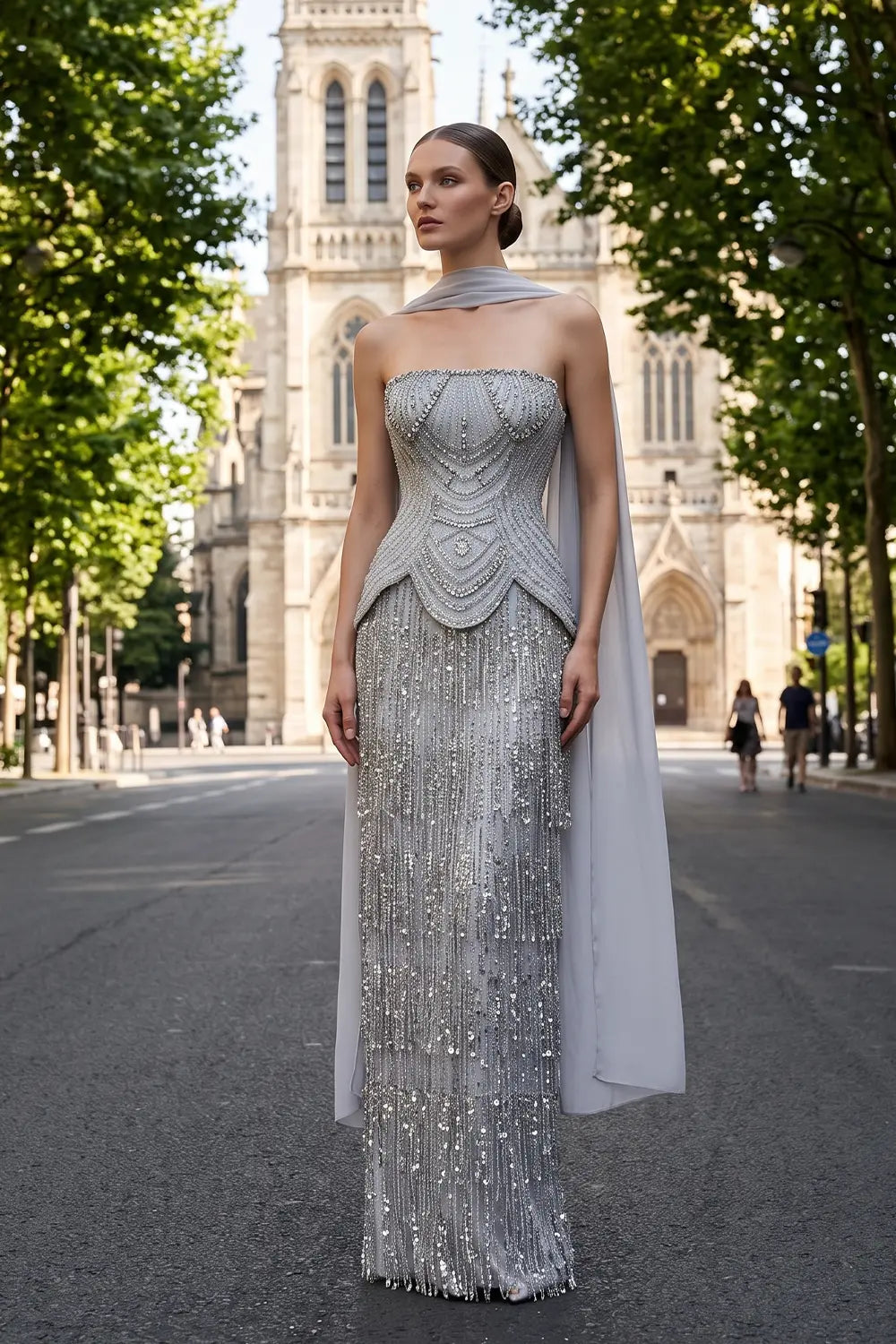 Gray Strapless Beaded Evening Dress with Floor Length Fringe Skirt SS255
