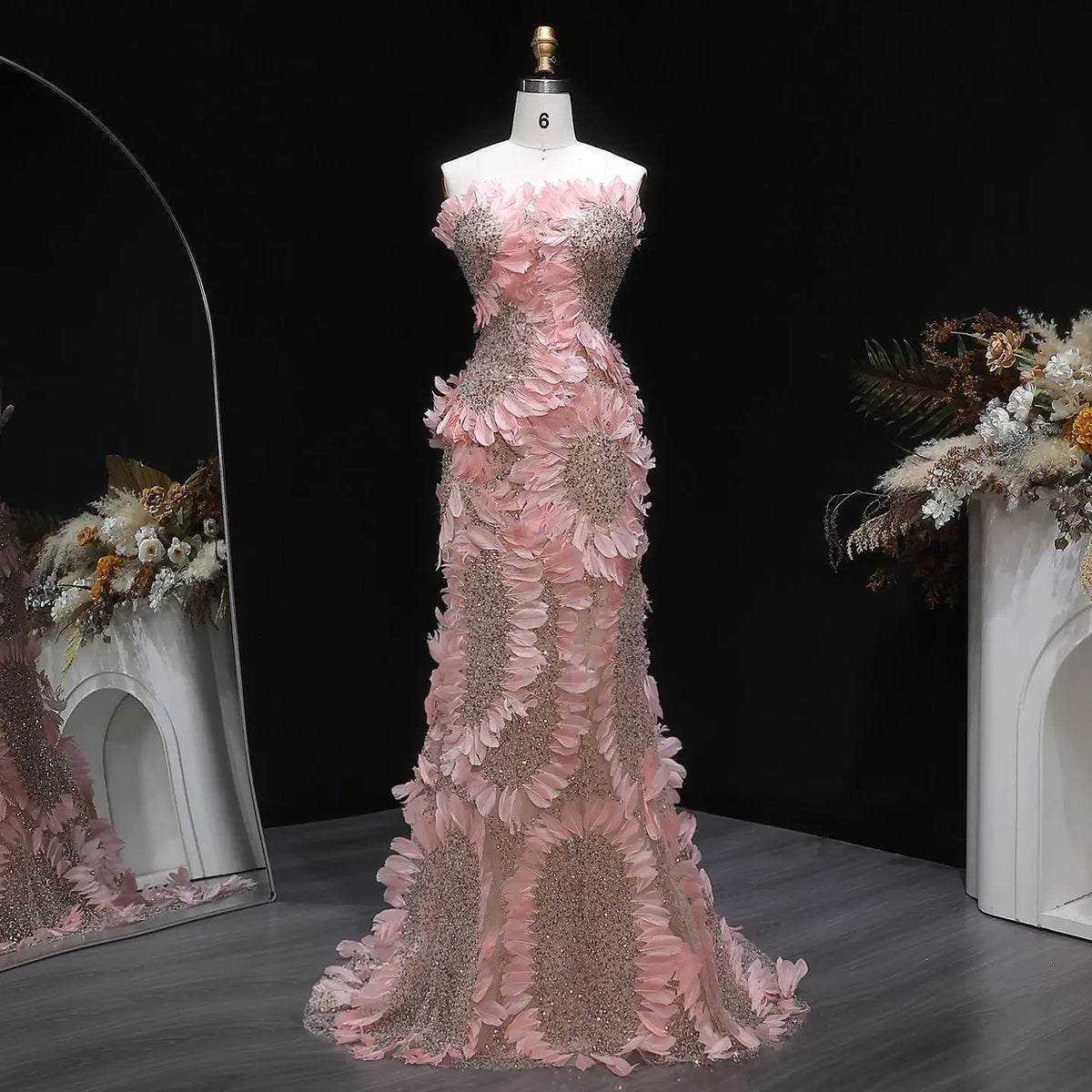 Luxury Pink Off-the-Shoulder Feather Applique Mermaid Evening Dress SS258 