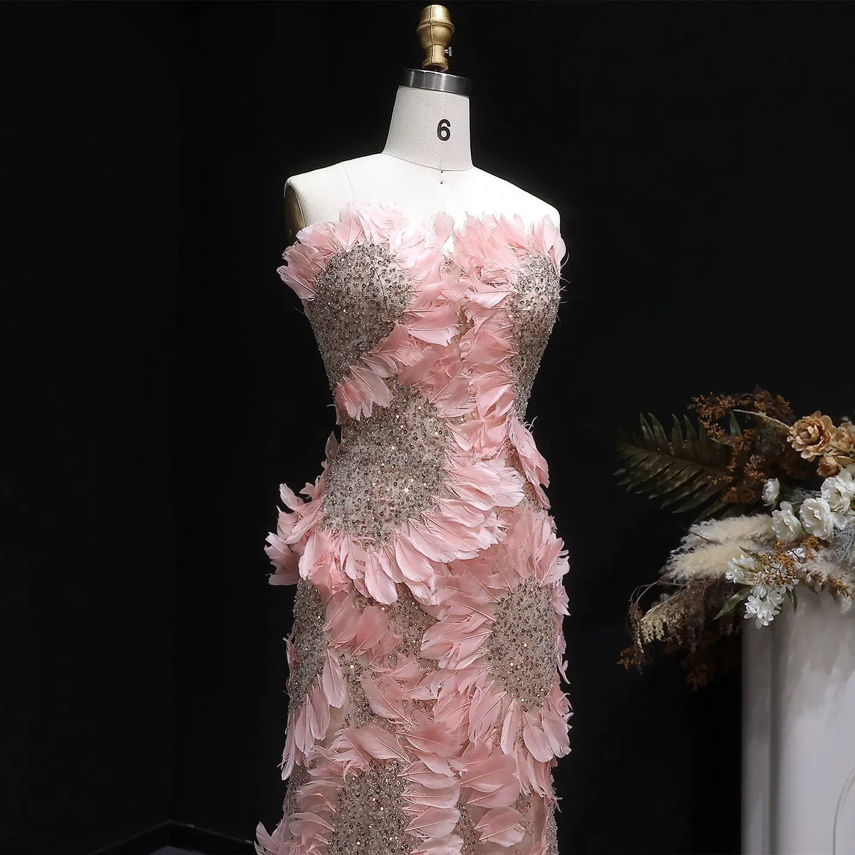 Luxury Pink Off-the-Shoulder Feather Applique Mermaid Evening Dress SS258 