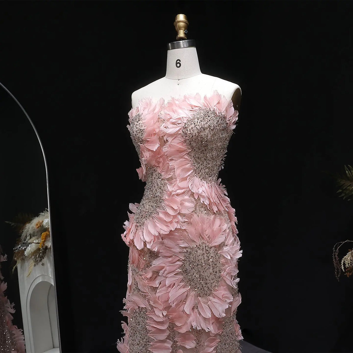 Luxury Pink Off-the-Shoulder Feather Applique Mermaid Evening Dress SS258 