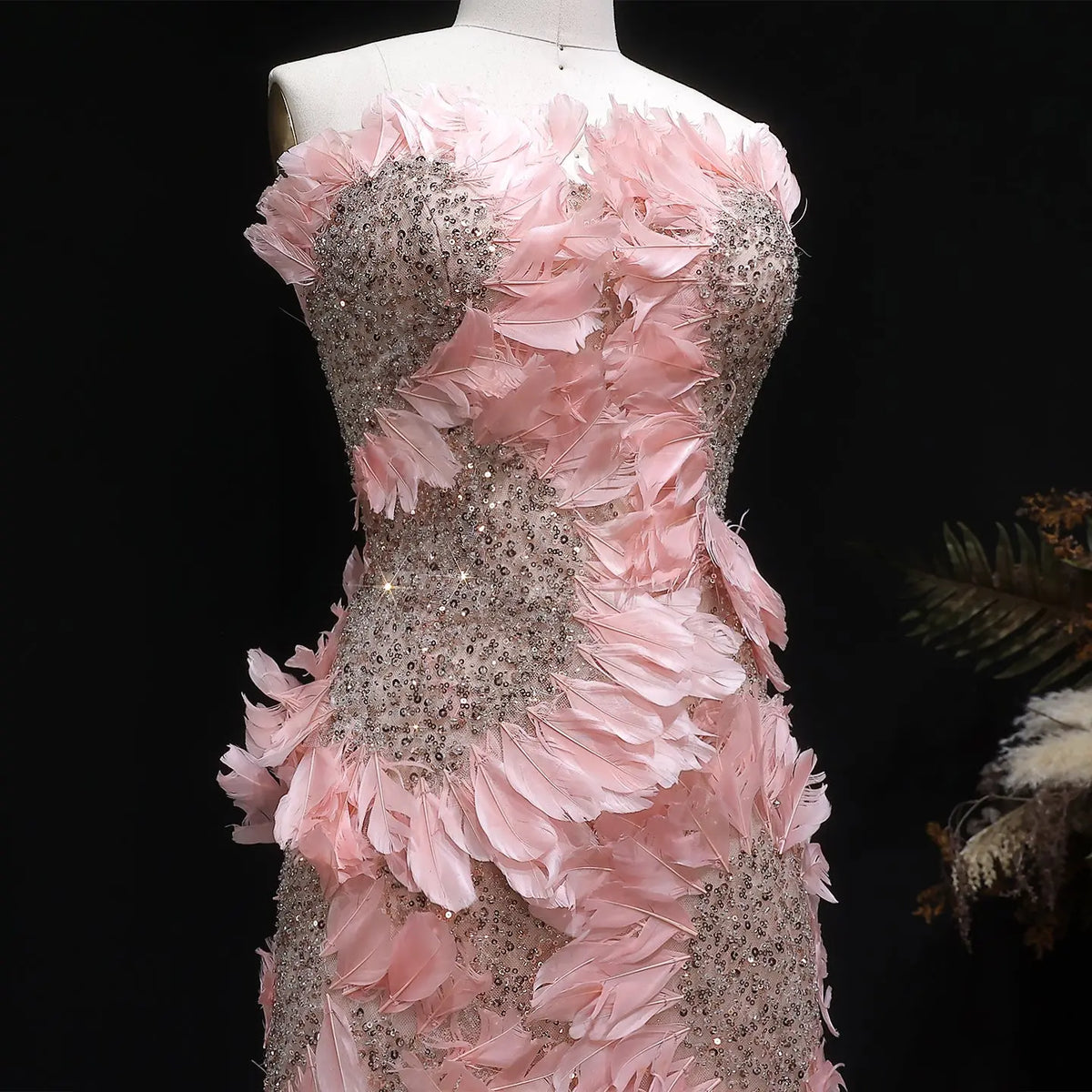 Luxury Pink Off-the-Shoulder Feather Applique Mermaid Evening Dress SS258 
