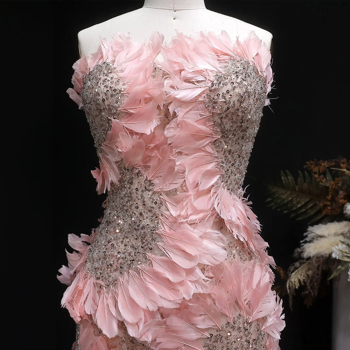 Luxury Pink Off-the-Shoulder Feather Applique Mermaid Evening Dress SS258 