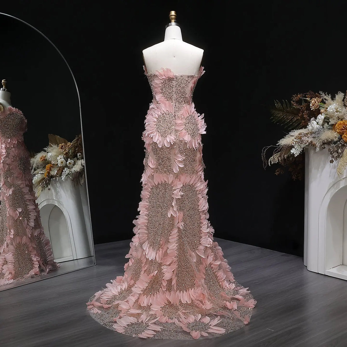 Luxury Pink Off-the-Shoulder Feather Applique Mermaid Evening Dress SS258 