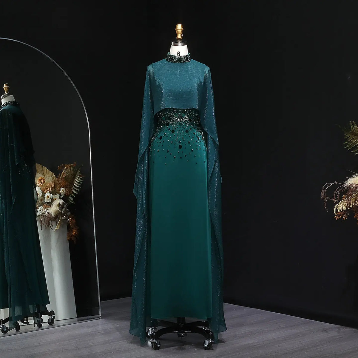 Glamorous Green Beaded Crystal Evening Dress with Cape Sleeve SS260 