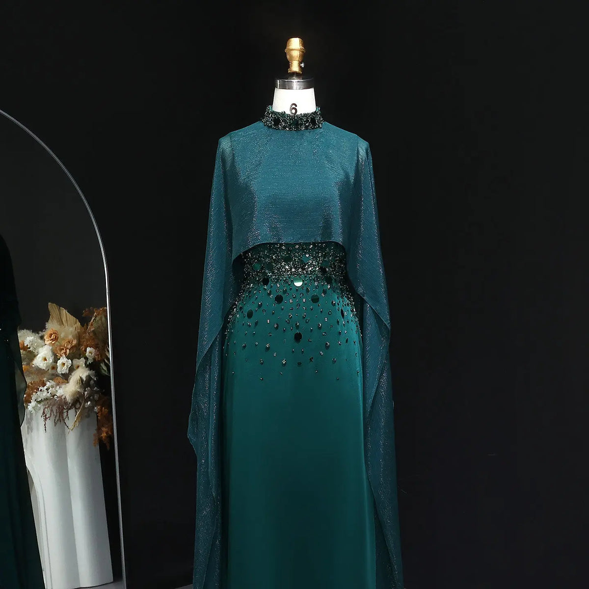 Glamorous Green Beaded Crystal Evening Dress with Cape Sleeve SS260 
