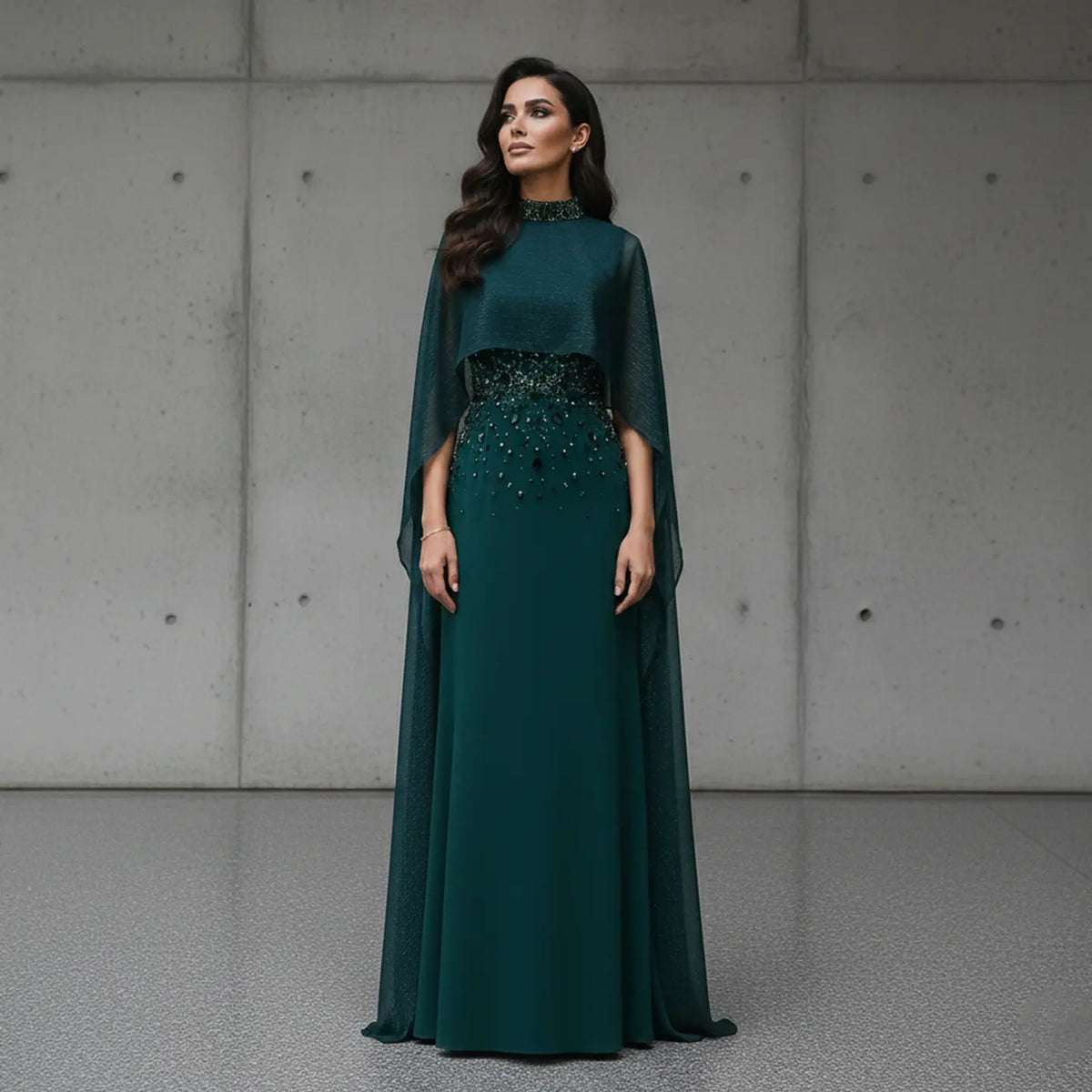 Glamorous Green Beaded Crystal Evening Dress with Cape Sleeve SS260 