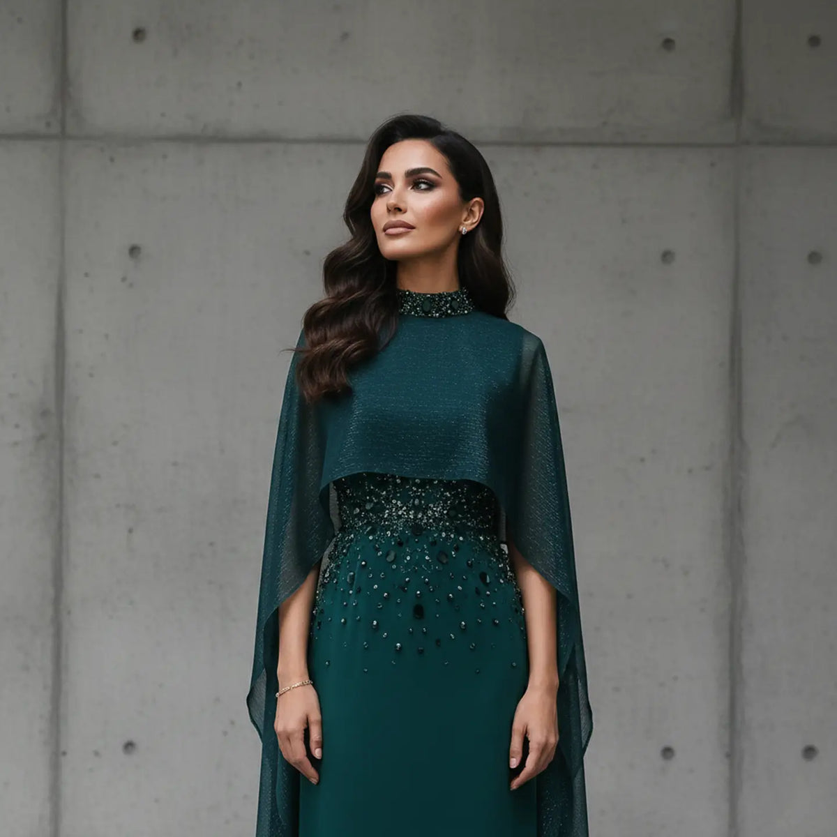 Glamorous Green Beaded Crystal Evening Dress with Cape Sleeve SS260 