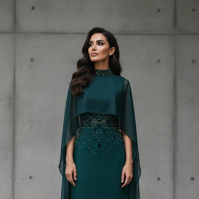 Glamorous Green Beaded Crystal Evening Dress with Cape Sleeve SS260 