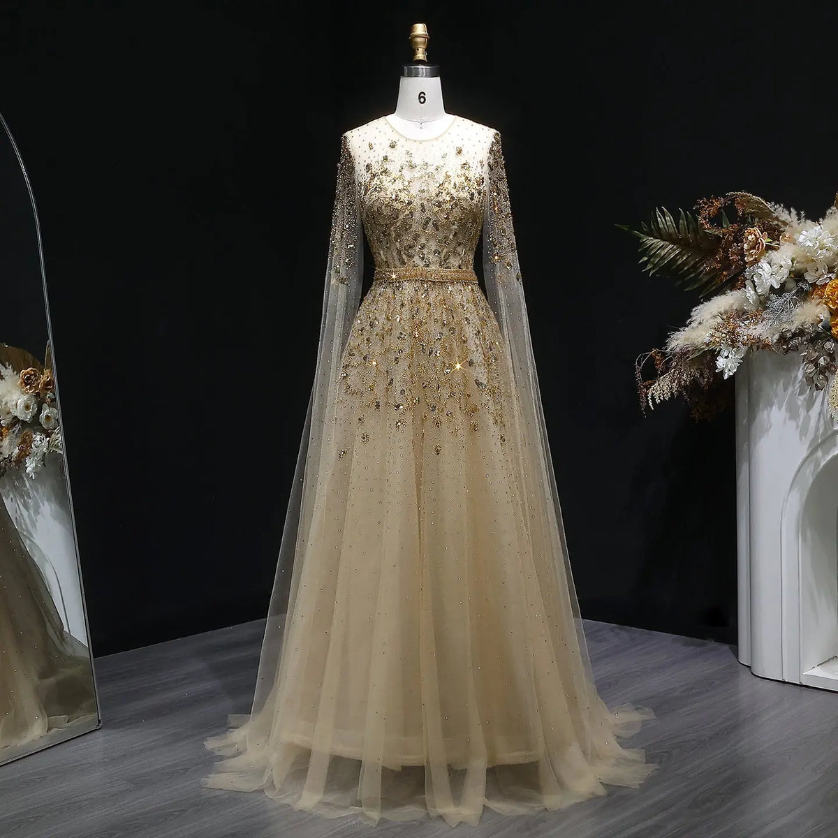 Luxury Crystal Gold Evening Dress with Cape Sleeve SS268 Luxury Crystal Gold Evening Dress with Cape Sleeve SS268
