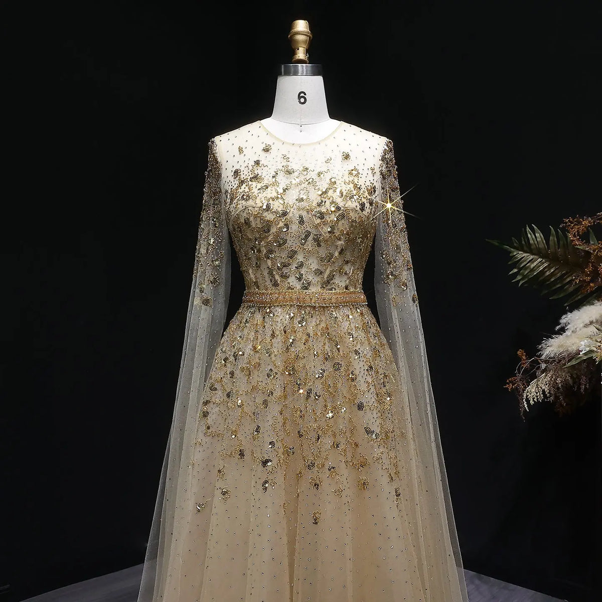 Luxury Crystal Gold Evening Dress with Cape Sleeve SS268 - SHARONSAID Luxury Crystal Gold Evening Dress with Cape Sleeve SS268 - SHARONSAID