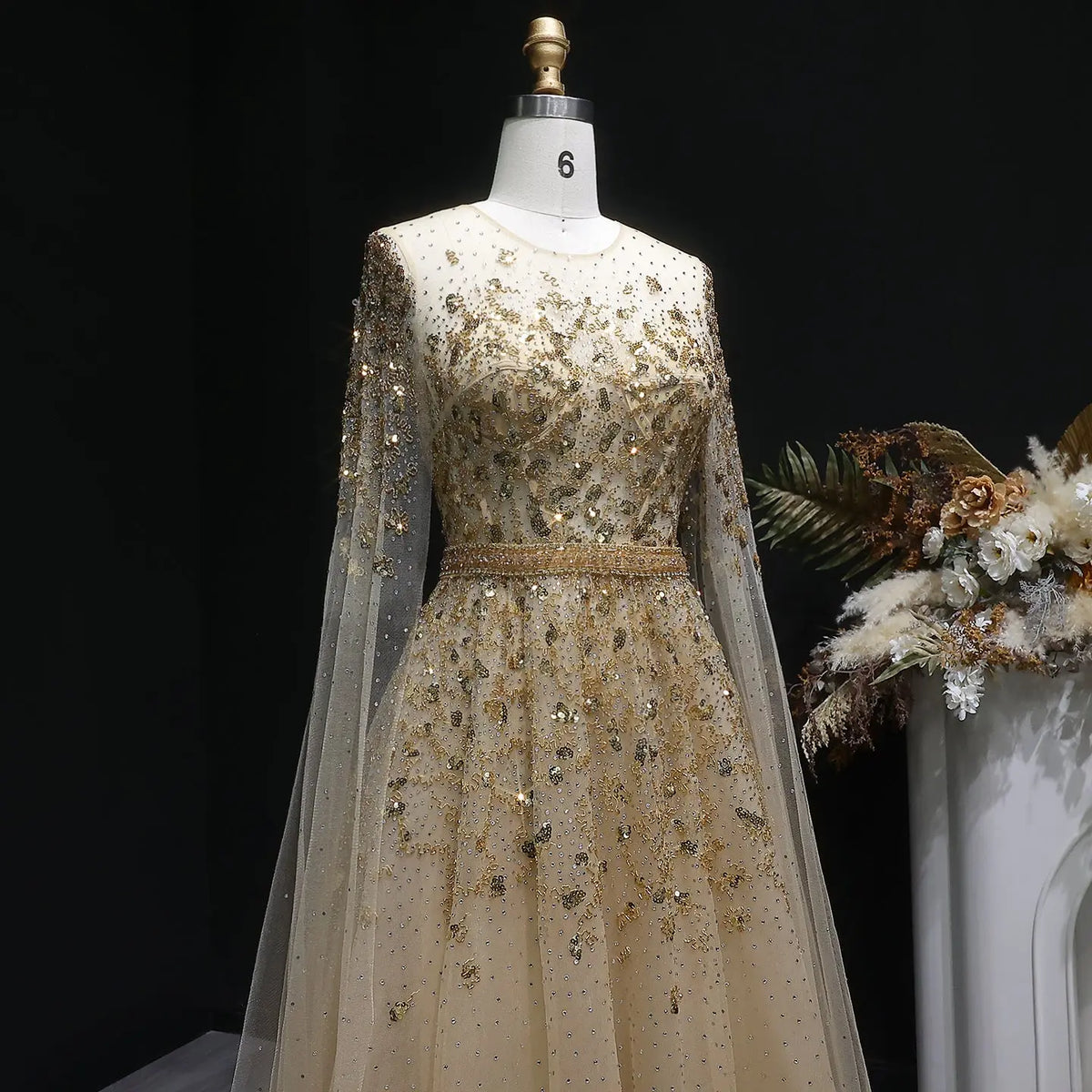 Luxury Crystal Gold Evening Dress with Cape Sleeve SS268 - SHARONSAID Luxury Crystal Gold Evening Dress with Cape Sleeve SS268 - SHARONSAID