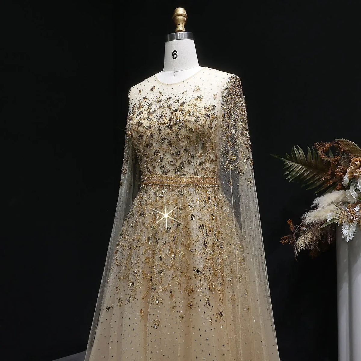 Luxury Crystal Gold Evening Dress with Cape Sleeve SS268 - SHARONSAID Luxury Crystal Gold Evening Dress with Cape Sleeve SS268 - SHARONSAID