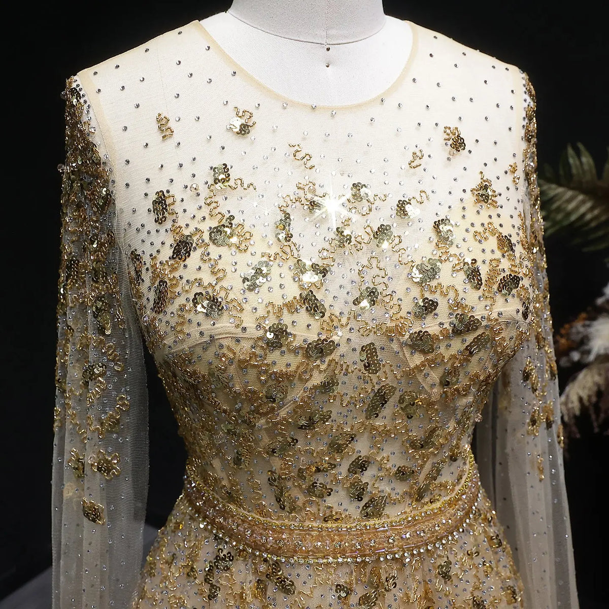 Luxury Crystal Gold Evening Dress with Cape Sleeve SS268 - SHARONSAID Luxury Crystal Gold Evening Dress with Cape Sleeve SS268 - SHARONSAID