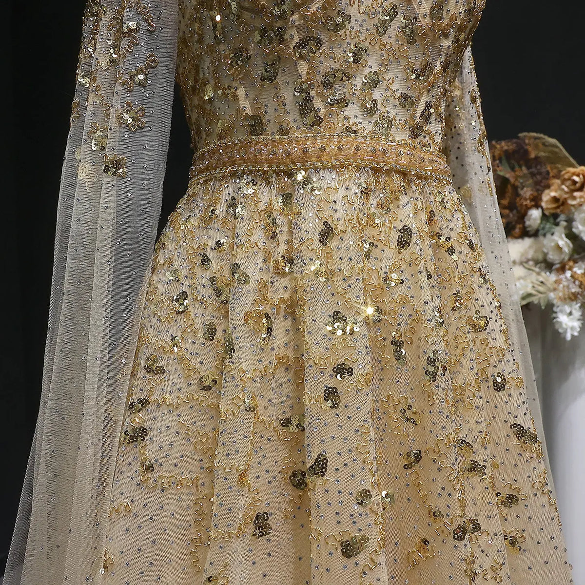 Luxury Crystal Gold Evening Dress with Cape Sleeve SS268 - SHARONSAID Luxury Crystal Gold Evening Dress with Cape Sleeve SS268 - SHARONSAID