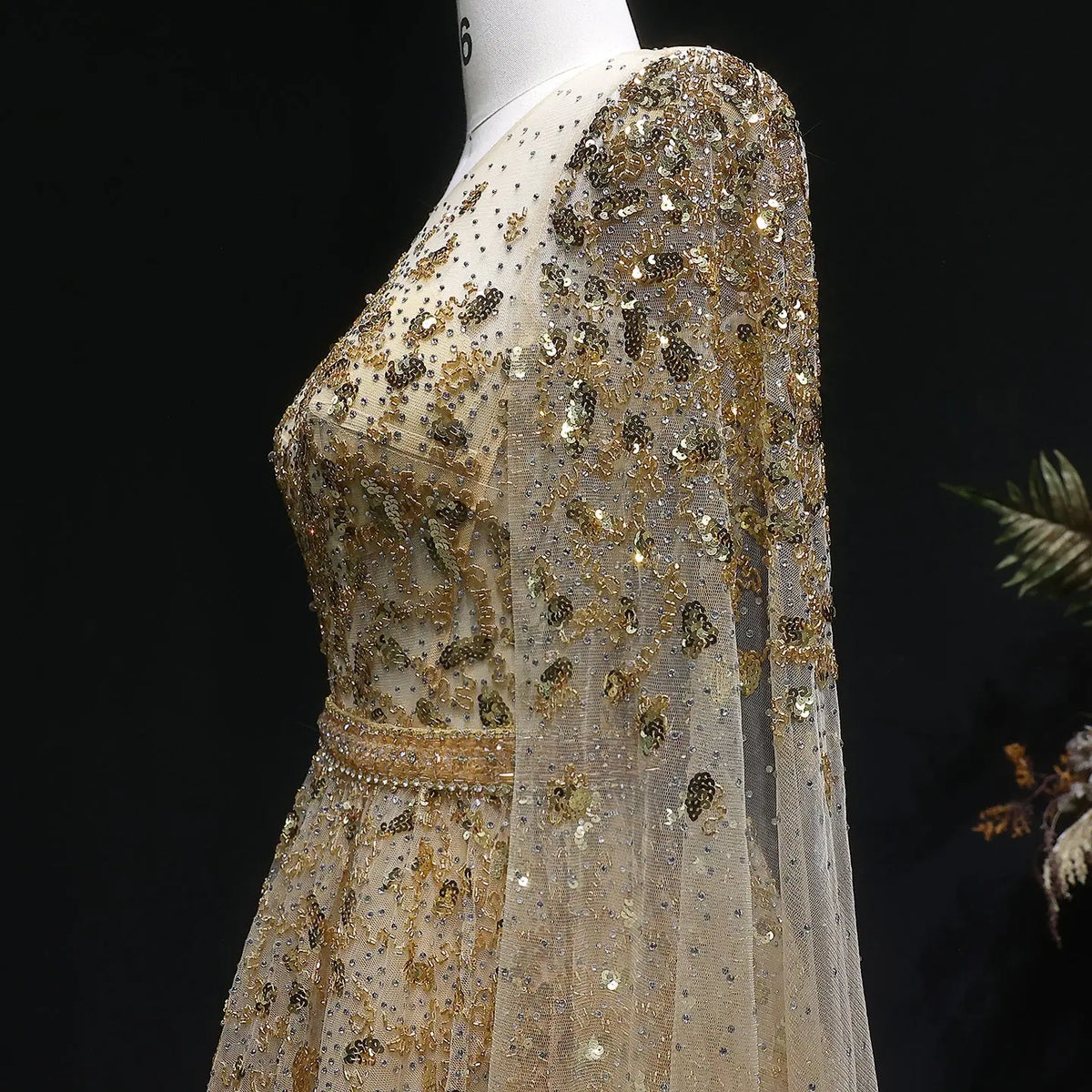 Luxury Crystal Gold Evening Dress with Cape Sleeve SS268 - SHARONSAID Luxury Crystal Gold Evening Dress with Cape Sleeve SS268 - SHARONSAID