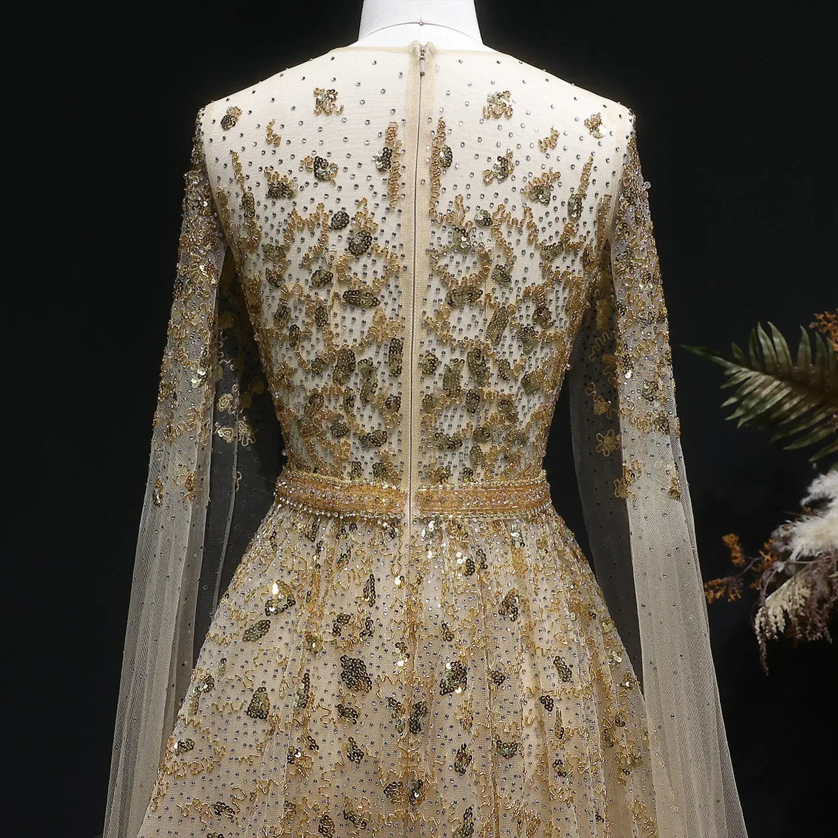 Luxury Crystal Gold Evening Dress with Cape Sleeve SS268 - SHARONSAID Luxury Crystal Gold Evening Dress with Cape Sleeve SS268 - SHARONSAID