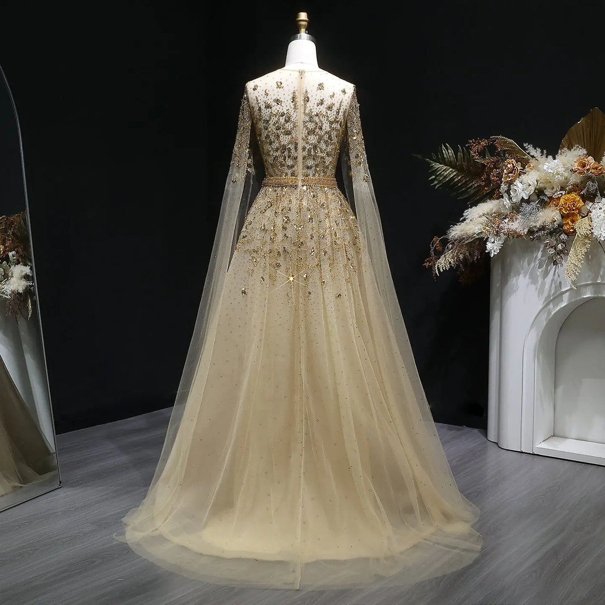 Luxury Crystal Gold Evening Dress with Cape Sleeve SS268 - SHARONSAID Luxury Crystal Gold Evening Dress with Cape Sleeve SS268 - SHARONSAID