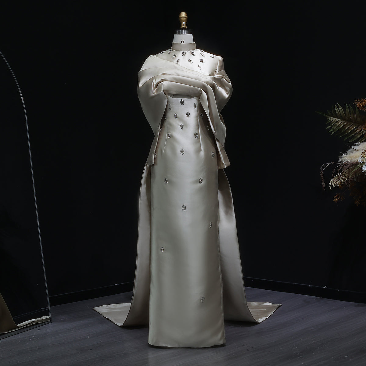 Elegant High Neck Long Sleeves Evening Dress with Overskirt SS271