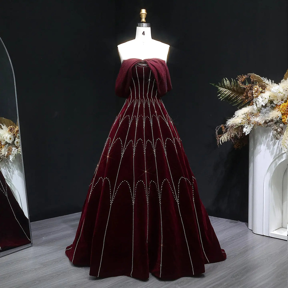 Burgundy Velvet Ball Gown Strapless Evening Dress SS274 