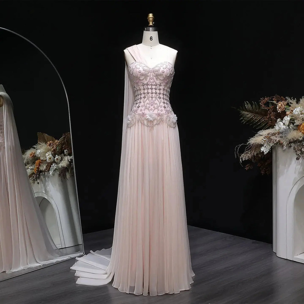 blush formal dresses Luxury Blush Pink Beaded 3D Floral One-Shoulder Cape Evening Dress SS285