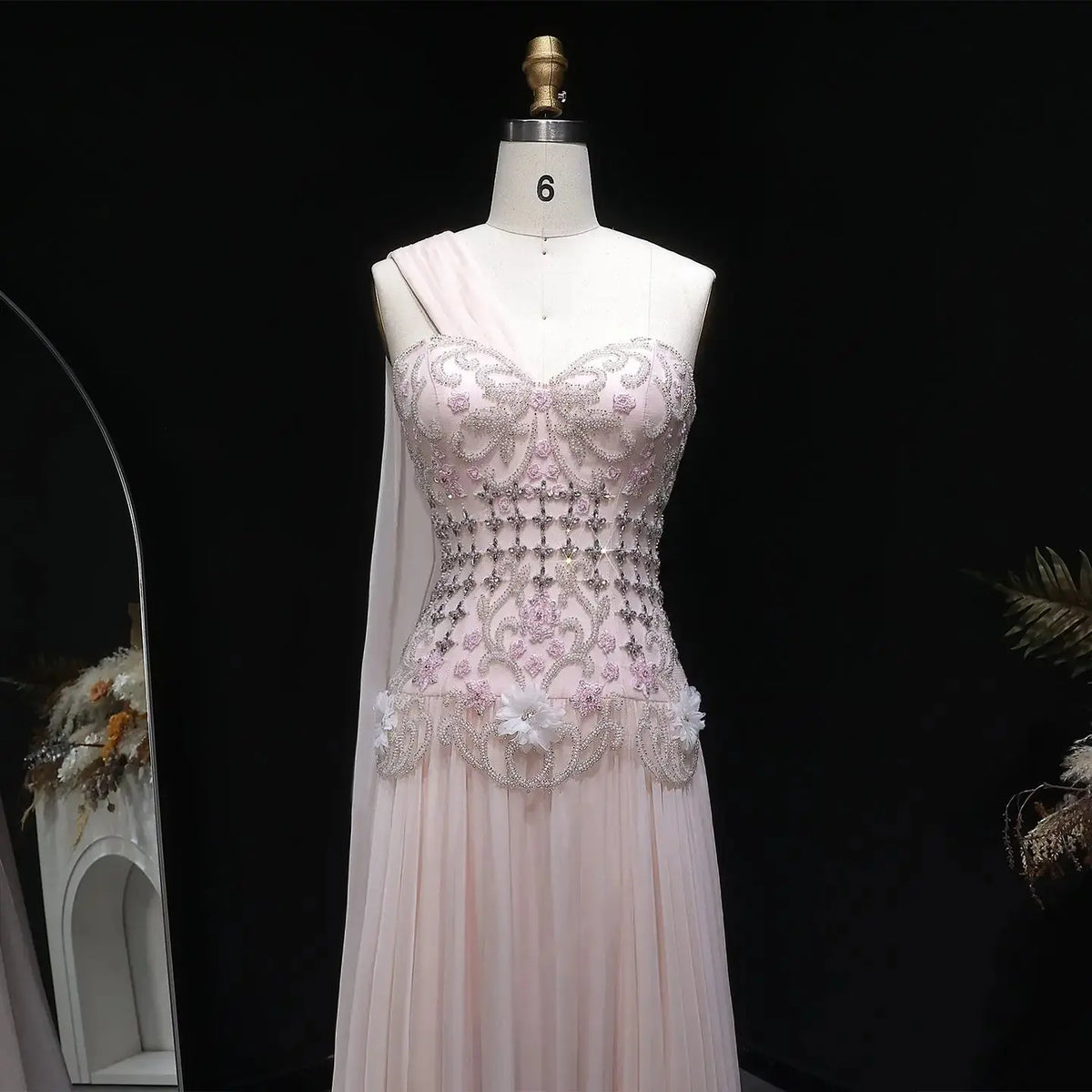 Luxury Blush Pink Beaded 3D Floral One-Shoulder Cape Evening Dress SS285 