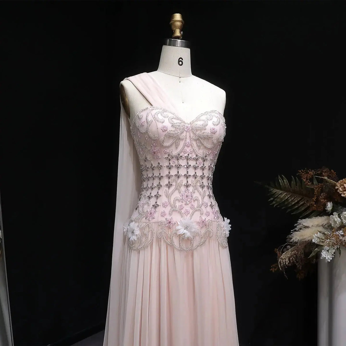 blush pink evening dresses Luxury Blush Pink Beaded 3D Floral One-Shoulder Cape Evening Dress SS285
