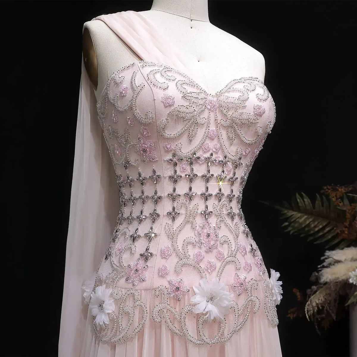 Luxury Blush Pink Beaded 3D Floral One-Shoulder Cape Evening Dress SS285 