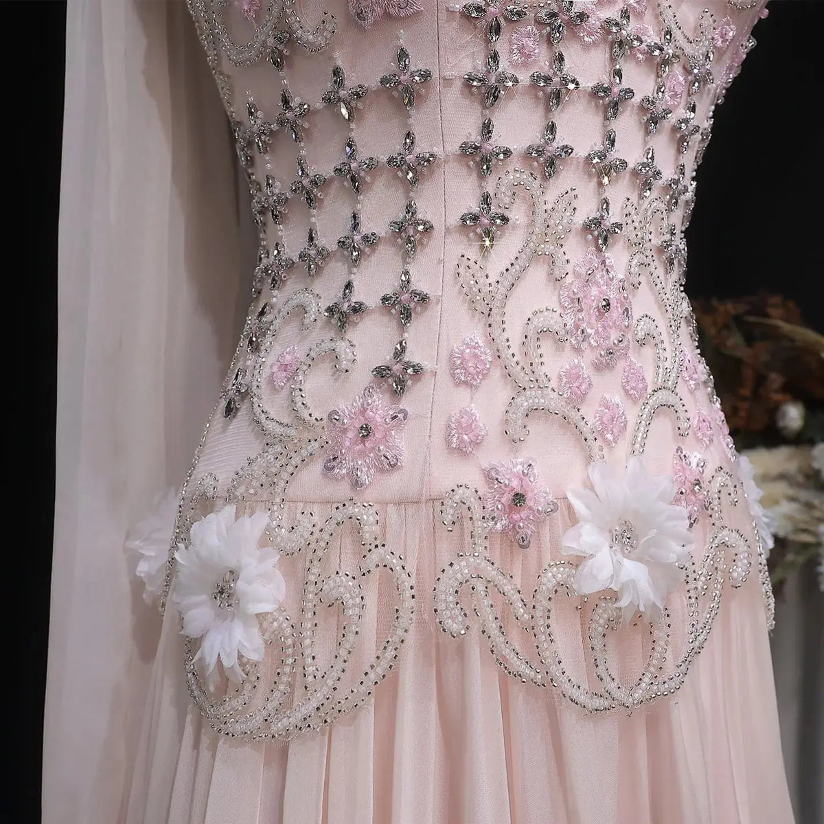 Luxury Blush Pink Beaded 3D Floral One-Shoulder Cape Evening Dress SS285 
