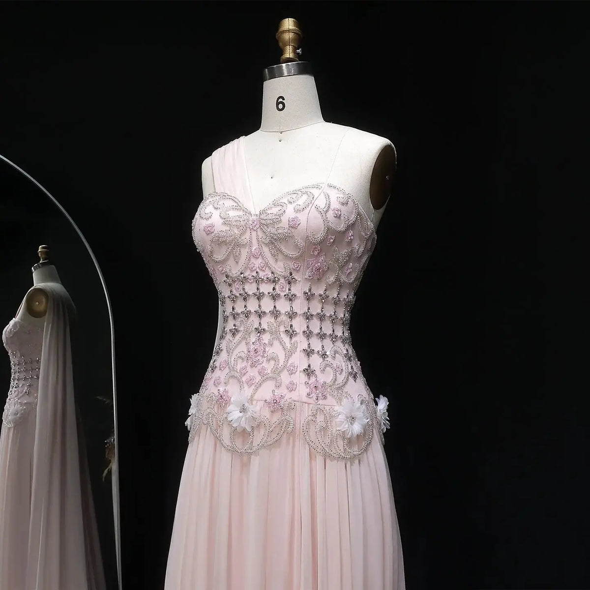 Luxury Blush Pink Beaded 3D Floral One-Shoulder Cape Evening Dress SS285 