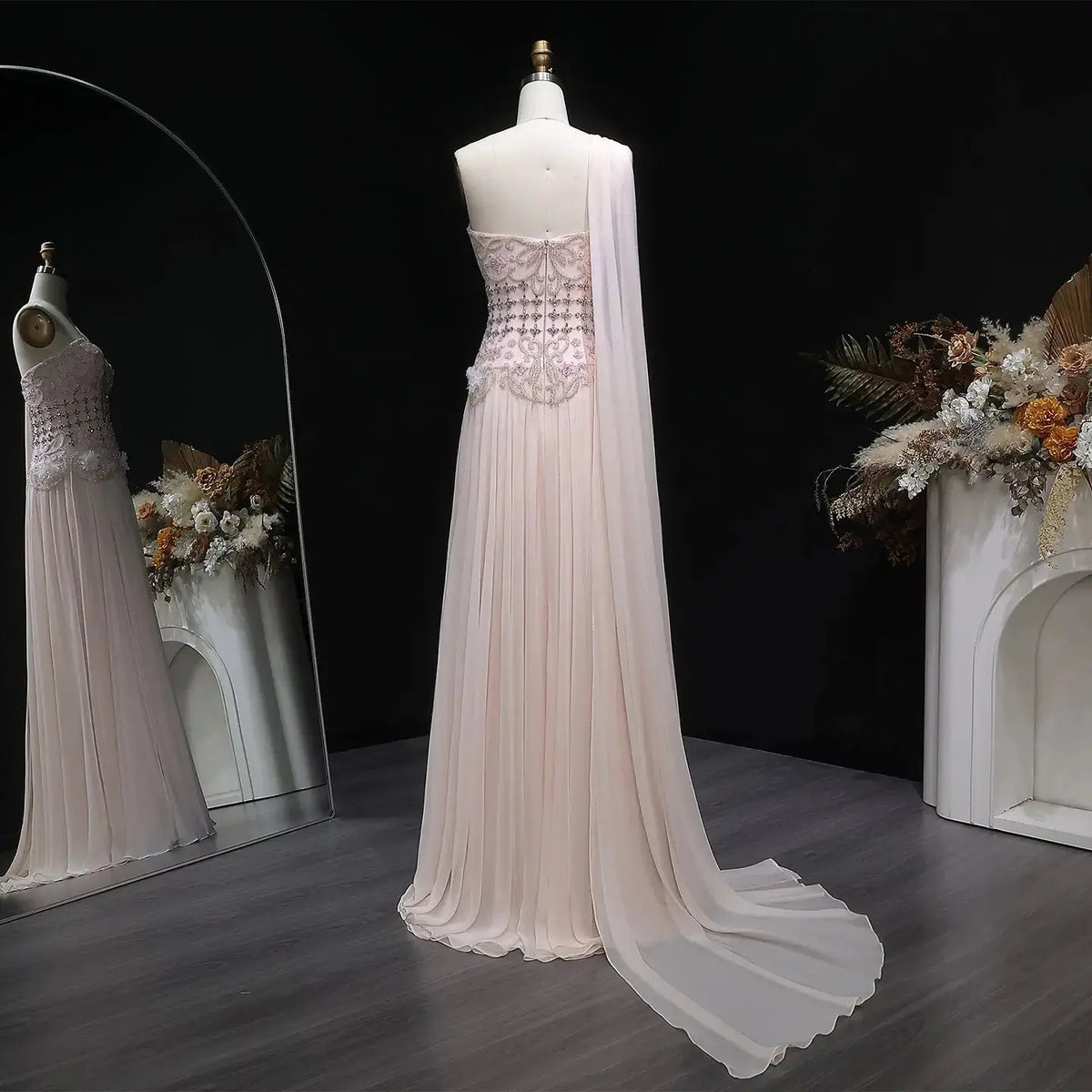 Luxury Blush Pink Beaded 3D Floral One-Shoulder Cape Evening Dress SS285 