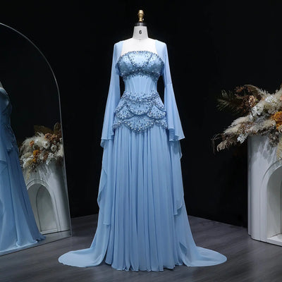 Luxury Pearls Tassel Blue and Yellow Evening Dress with Flowing Sleeves SS286